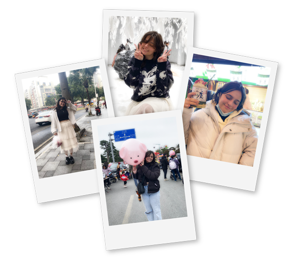 Collection of Polaroid style images of Tayla Rhodes who is CHAOSTERA. Images depict Tayla to be outgoing and friendly and are taken in China